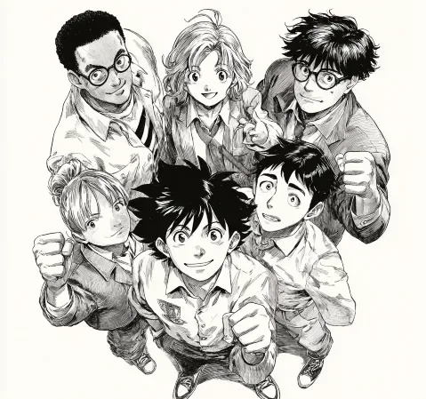 漫画站首屏主视觉：读者在书架前翻阅漫画